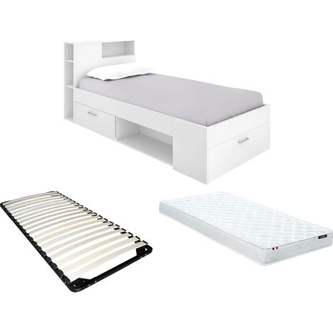 Letto con testiera portaoggetti e cassetti 90 x 190 cm Bianco - con o senza materasso - LEANDRE (1/5)