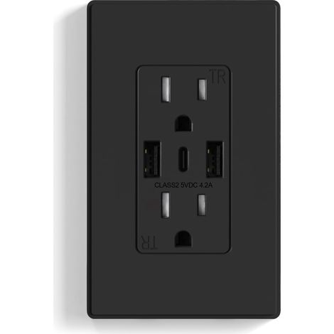 Prises murales USB, prises murales USB C à 3 ports, prises de 15 A noir mat avec ports USB, prises USB TR, inviolables, plaque murale sans vis incluse, homologuées UL et CUL, 1 lot (1/5)