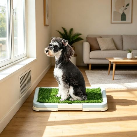 En intérieur et extérieur, protégez vos sols : litière pour petit chien avec tapis herbe synthétique et bac de récupération (1/5)