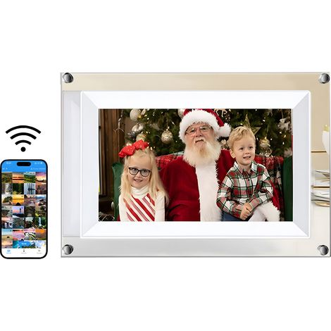 Marco de fotos digital WiFi de acrílico de 7 pulgadas con altavoz integrado para escritorio o mesita de noche. (1/5)