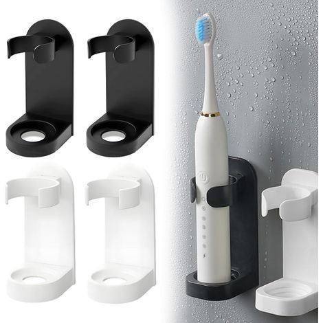 Support Brosse a Dent Electrique, 4 Pièces Porte Brosse à Dents Électriques, Support de Brosses à Dents Électrique, Aadhésif Porte Brosses à Dents Mural pour Salle de Bain (Noir, Blanc) (1/5)