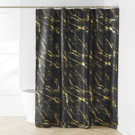 RIDEAU DE DOUCHE+CROCHETS 180 x 200 CM POLYESTER IMP. METAL. AQUAMARBRE NOIR/OR (1/3)