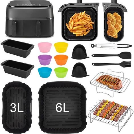 Ensemble d'accessoires pour friteuse à air chaud - Ensemble d'accessoires double pour friteuse à air chaud - pour double panier série 3000 - silicone et acier inoxydable - 16 pièces (1/5)