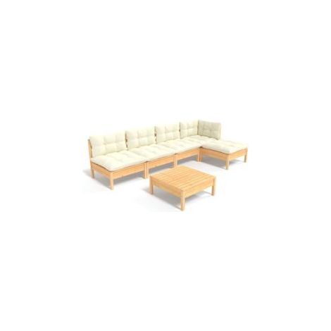 Salon de jardin 6 pcs avec coussins crème bois de pin (1/5)