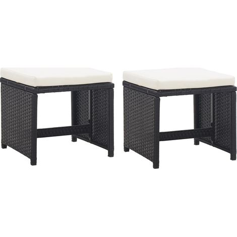 Tabourets de jardin 2 pcs avec coussins Résine tressée Noir (1/5)