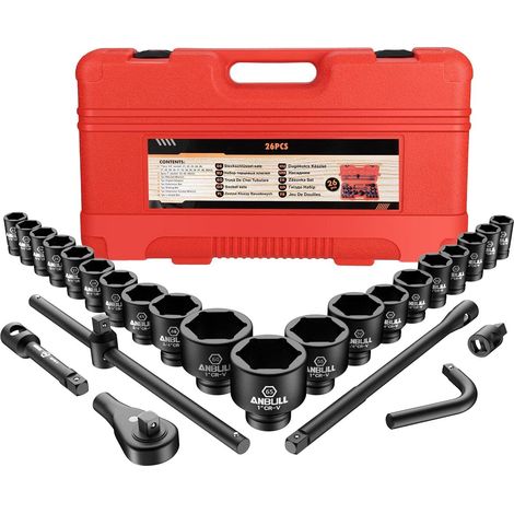 Jeu de Douilles à Chocs 3/4" - 27 Pièces Avec 3 Jeux 1" Tailles Métriques (21-50 mm et 50-65 mm) Acier CR-V Barres d'Extension (1/5)