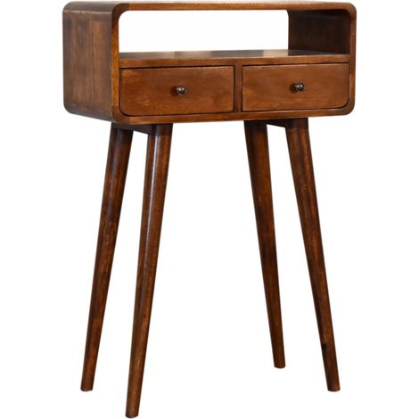 Table console mini en bois massif de châtaignier, 2 tiroirs et niche ouverte, brun foncé