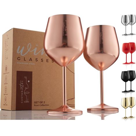 Verre à vin - Lot de 2 - Acier inoxydable - Incassable 540ml - Or rose - Piscine et Mariage (1/5)