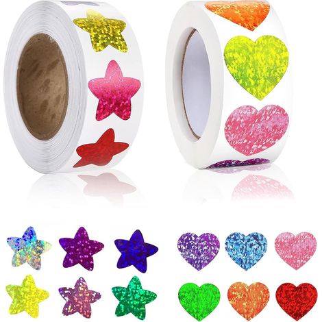Pack of 1000 Colour Glitter Stars and Love Stickers Roll, Glitter Sticker for Children's Reward in School Classroom, Self-Adhesive, Stickers Love for Party Decoration (1/5)