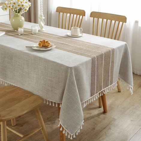 Nappe de Table rectangulaire en Coton et Lin Solide Broderie À Gland Couverture pour Cuisine Salle À Manger Décoration de Table (140x220 cm, Brun Clair) (1/5)
