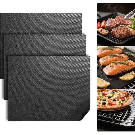 Lot de 3 tapis de barbecue réutilisables et antiadhésifs pour barbecues électriques et au charbon de bois, 50 x 40 cm, faciles à nettoyer (noir, 3 pièces)