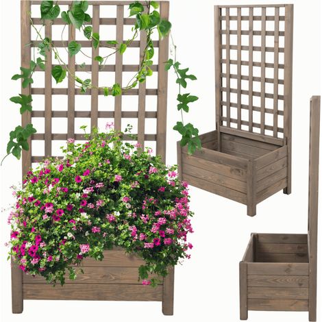 MODO24 Jardinière avec treillis bois de pin, sur pieds, bac à fleurs 116x60x40 cm, jardin/balcon/terrasse, gris imprégné (1/5)