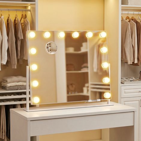 Miroir de Maquillage, avec Ports de Charge, 14 Ampoules, Miroir Grossissant, 50 x 42 cm, Blanc (1/4)