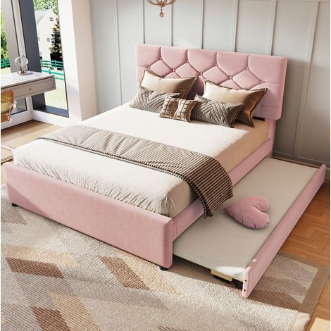lit adulte double gigogne 140x200 velours MDF rose OKMYHOME (1/5)
