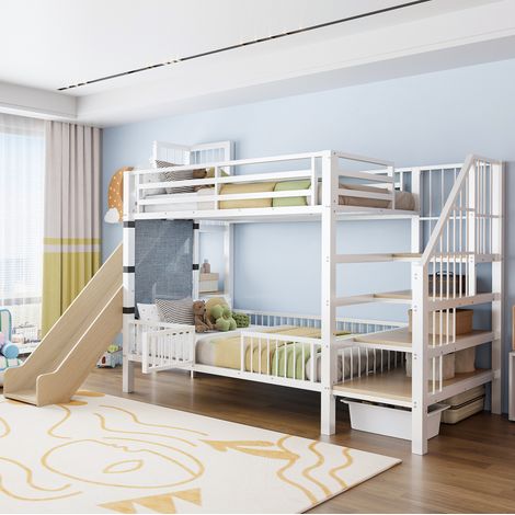 Cama alta infantil 90x200 cm blanca de metal con tobogan y escalera con almacenaje (1/5)