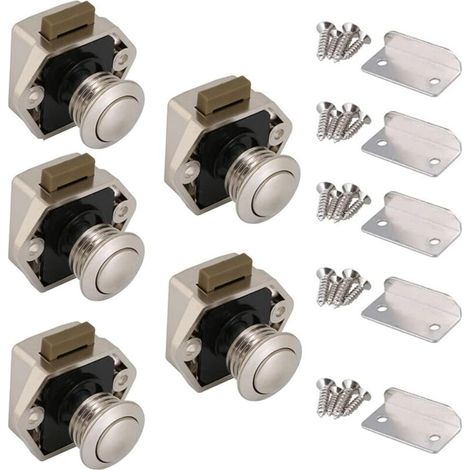 Loquet sans Clé, 5pcs Bouton Poussoir Loquet,Bouton Poussoir tiroir Porte pour Caravane Camping Cabinet Armoire Yachts Voitures Ambulances Meubles Portes Serrure Presse(Nickel Perlé)