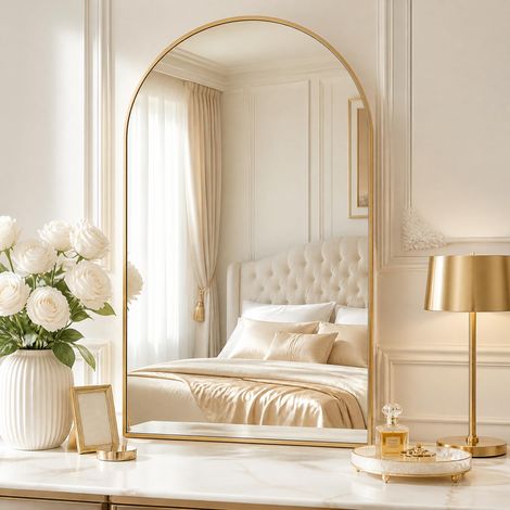 Miroir mural arqué doré - 61 x 96 cm - Cadre en alliage d'aluminium incassable - Peut être posé ou accroché au mur - Miroir sur pied pour chambre à coucher, salle de bain et toilettes (1/5)
