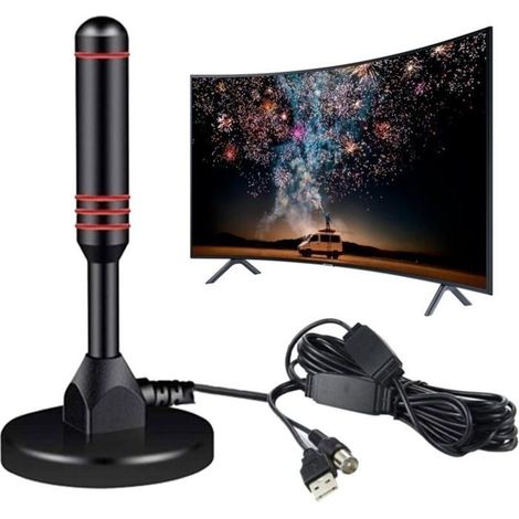 Antena de interior de alto rendimiento (negra), campo de visión de 360°, alcance de 50 km, alta ganancia, decodificador de TV digital terrestre HD VHF/UVFFM/DVBT2.