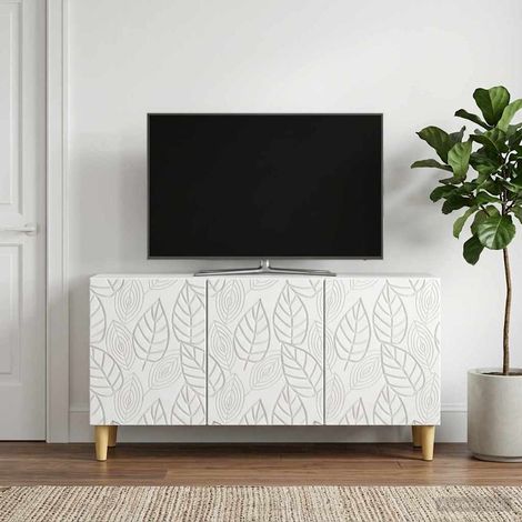 Meuble TV 3 portes blanc en bois d’ingénierie avec pieds en eucalyptus 99 x 34,5 x 50 cm - PANGIVO (1/5)