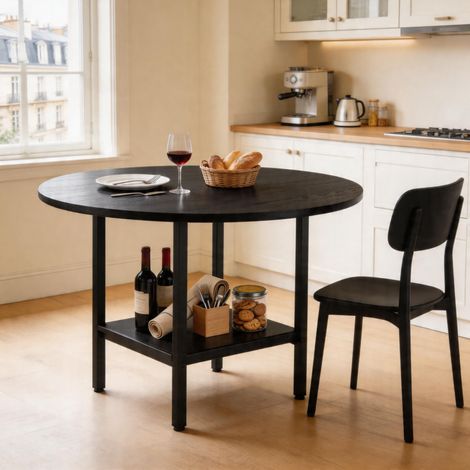Mesa de comedor redonda 100 cm con almacenamiento, negra, MDF y metal DESVIAE (1/5)