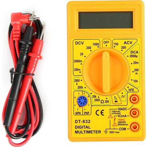 Multimètre Compact DT-832 Jaune pour Mesure Tension AC/DC, Courant, Résistance et Test de Continuité Sonore