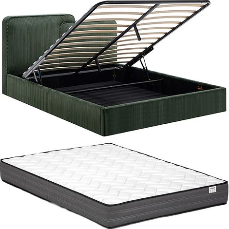 Lit coffre 160 x 200 cm - Velours côtelé - Vert sapin + Matelas - NAYOLA (1/5)
