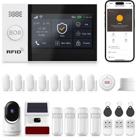 Écran Tactile Complet Alarme Maison sans Fil WiFi avec 1080P Camera, Système 4G 120db Sirène, Détecteur de Mouvement, Télécommandes, Capteurs Fenêtre et Porte (1/5)