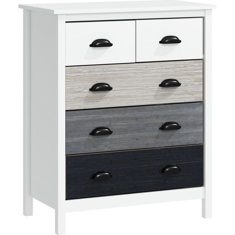 Buffet commode 5 tiroirs, surface laquée blanche, MDF et pin, 70x38x85 cm (1/5)