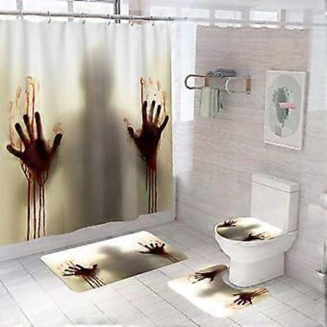 Ensemble de rideau de douche à motifs de mains ensanglantées pour Halloween, décoration de salle de bain Halloween 180 cm x 180 cm - Rideau de douche avec tapis, couvre-abattant de toilette, tapis de (1/5)