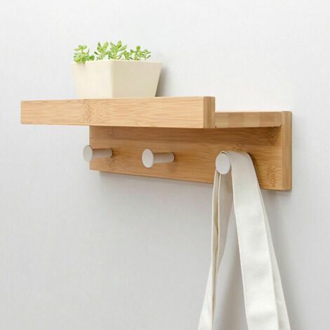 Wall Mounted Coat Rack Floating Wall Shelf with 3 Hooks, Bamboo Floating Wall Shelf with Hook for Hallway, Bathroom, Living Room, Bedroom (1/4)