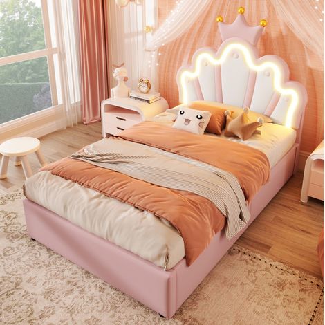 Bett Polsterbett Stauraum 90x200 LED PU Rosa OKMYHOME (1/5)