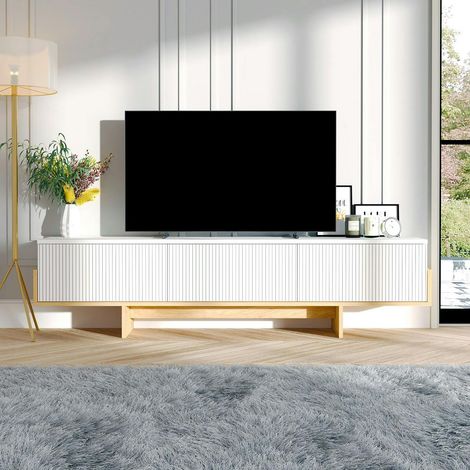 Meuble TV design blanc 3 portes striées et cadre clair MARFA