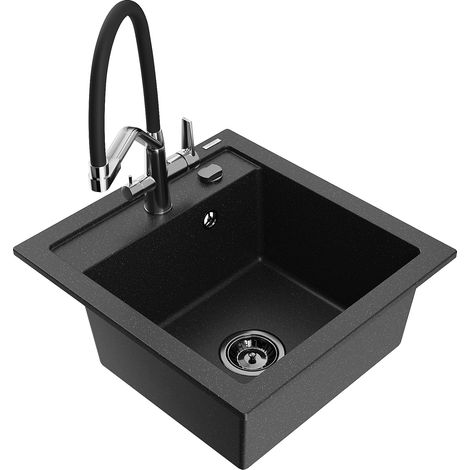 Mexen Vito lavello da cucina in granito a 1 vasca con miscelatore Duo, nero/argento metallico - 6503-73-671701-07-B (1/5)