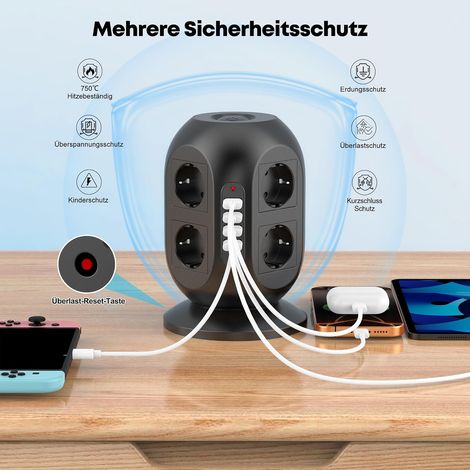 8-fach Steckdosenleiste mit Überspannungsschutz, 2 USB-Ladeanschlüssen, 2 m Kabel und 2 Schaltern (Schwarz) (1/5)