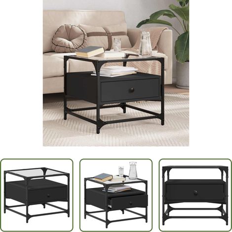 Wohnzimmertisch - Couchtisch mit Glasplatte Schwarz 50x50x45 cm Stahl (1/5)