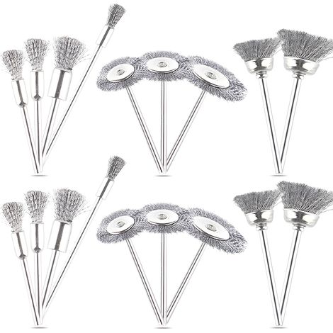 18 pièces Brosses métalliques pour perceuse, Acier inoxydable Mini brosses de nettoyage pour roues métalliques, Accessoires pour outils rotatifs Avec tige de 1/8" (3 mm) - 9 tailles (1/5)