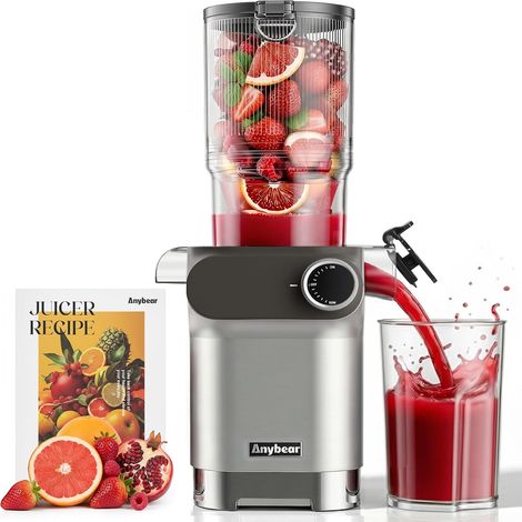Centrifugeuse à froid Slow Juicer 200 W avec grand compartiment de remplissage de 110 mm pour fruits/légumes entiers  Escargot amélioré  Matériau Tritan  Sans BPA  Recettes de jus incluses (1/5)