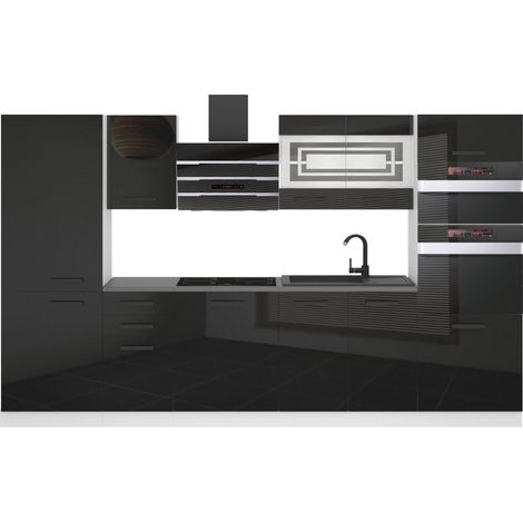 Belini Cuisine Equipee Complete Mila Muebles de Cuisine Complets - 300 cm. Cuisine Complete avec Plan de Travail, Noir très Brillant (1/3)