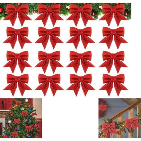 Christmas Décor Ribbon Bows 12x15cm, Large Sparkly Red Bows for Holiday Decoration (Set of 16)