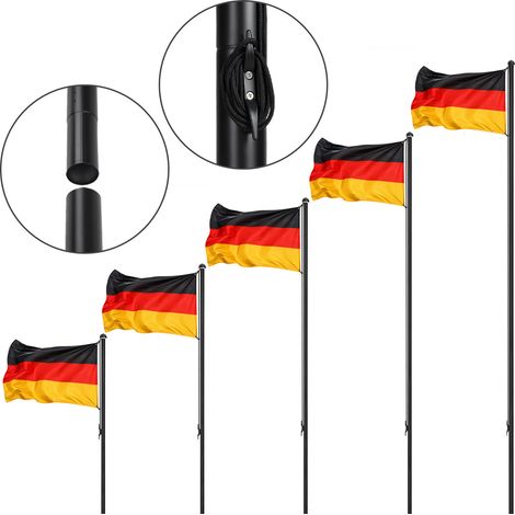 Jiubiaz Flaggenmast 6,5 m Schwarz aus Aluminium, 6 Steckrohre, Deutschlandfahne 147 x 88 cm und Zubehör (1/5)