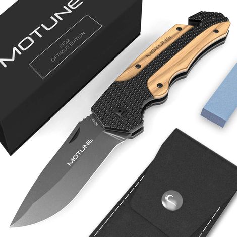 MOTUNE® Zweihand Klappmesser 3-in-1 KP22 - Taschenmesser mit Holzgriff - Zweihandmesser mit Titaniumklinge aus Edelstahl - mit Schleifstein & PU-Gürteltasche (1/5)