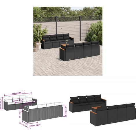 9-tlg. Garten-Sofagarnitur mit Kissen Schwarz Poly Rattan - Gartenmöbel Set - Esszimmergarnitur - Outdoor Möbel - Lounge Sofa - Rattan Gartenmöbel - Home & Living (1/3)