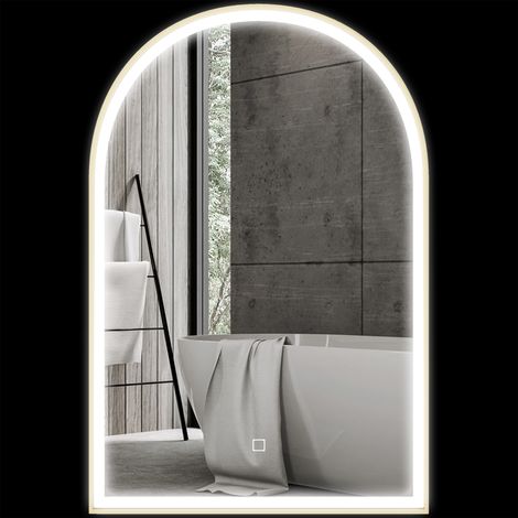 Miroir LED salle de bain 90x60cm mural 3 couleurs cadre arqué aluminium désembuage interrupteur tactile