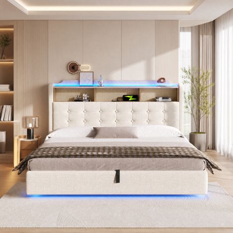 Etagenbett 180/200 cm in Beige mit LED, hydraulischem Stauraum und USB-/Typ-C-Anschlüssen (1/5)
