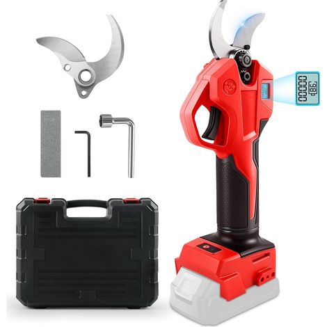 Sécateur à batterie 2 vitesses pour 18V (sans batterie) sécateur électrique sans balais, affichage numérique, diamètre 30mm, lames de rechange et boîte en plastique (1/5)