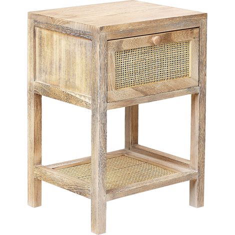 Mesa de noche de madera clara 35 x 29 cm 1 cajón frontal ratán boho Esto