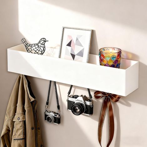 Patère Blanche 43,5 cm avec Étagère, Porte-manteau Moderne avec Rangement – Patère Murale, 5 Crochets Invisibles, Barre à Vêtements et Étagère Murale pour Entrée, Chambre et Salon (1/5)
