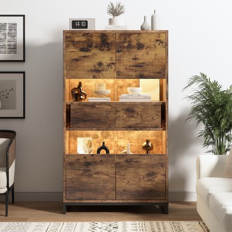 Vitrine 8040138cm avec éclairage LED, vitrine sur pied, meuble vitrine avec 2 tiroirs, vitrine de rangement avec façade en acrylique, highboard, meuble à vin, bibliothèque avec grand espace de rangeme