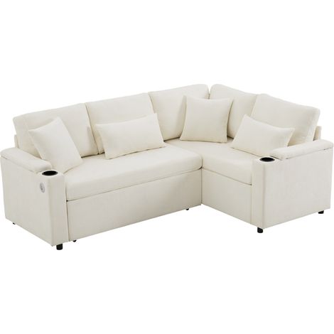 Canapé d'angle convertible en L avec rangement, porte-gobelet et port USB, tissu chenille beige, 4 places (1/5)