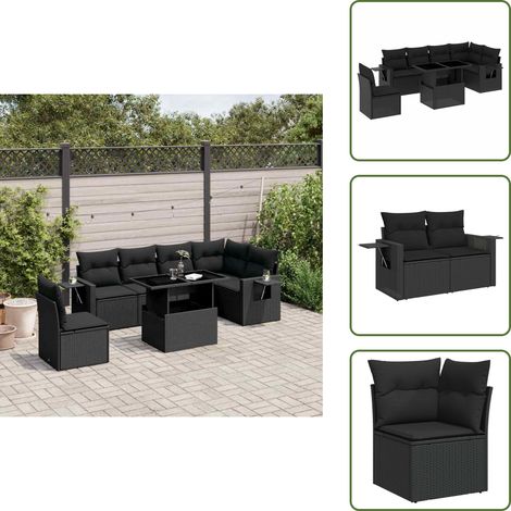 7-tlg. Garten-Sofagarnitur mit Kissen Schwarz Poly Rattan - Gartenmöbel Set - Esszimmergarnitur - Outdoor Möbel - Lounge Garnitur - Rattan Gartenmöbel (1/5)
